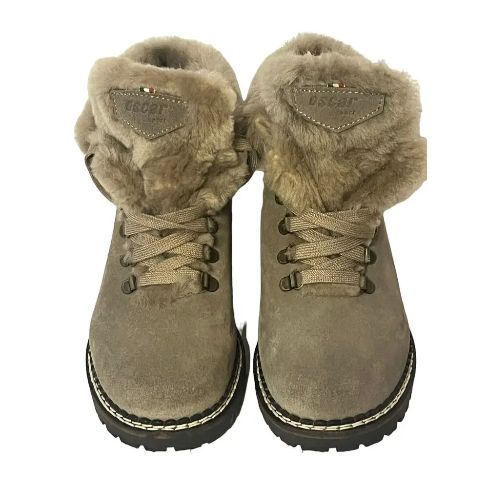 Oscar Sport Forest Fur Ankle Boots •Women 6 EU 36• Italy Lace Up EXC Taupe Tan
